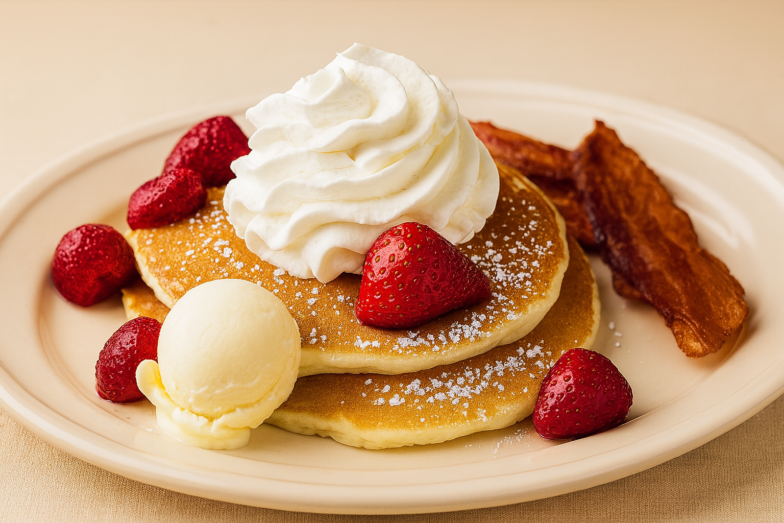 Delicious pancakes with strawberries and whipped cream at Cari's Restaurant